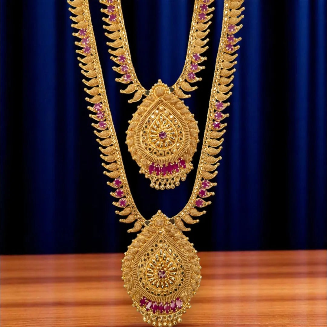 Gold-plated necklace long with earrings set - gold