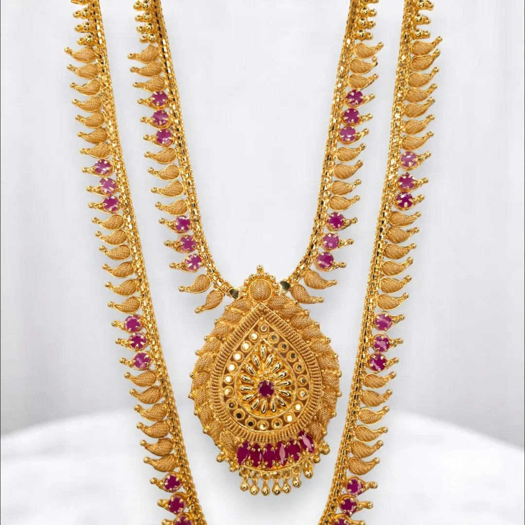 Gold-plated necklace long with earrings set - gold