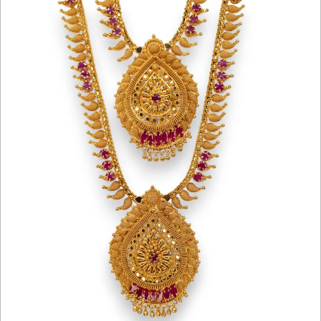 Gold-plated necklace long with earrings set - gold