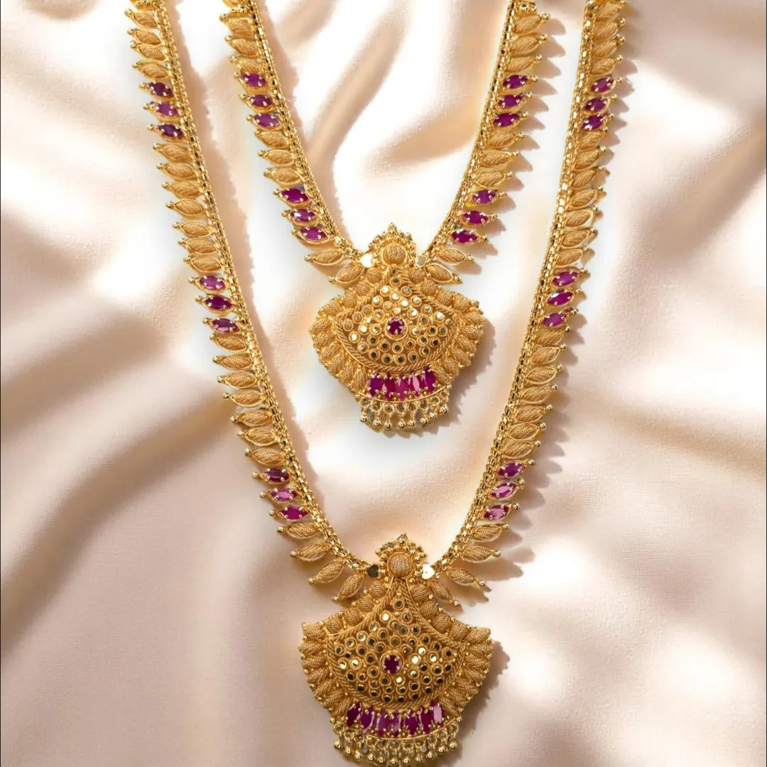Gold-plated necklace long with earrings set - gold