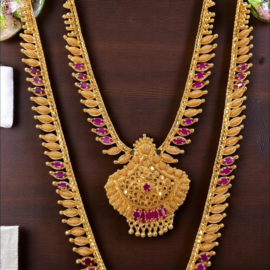 Gold-plated necklace long with earrings set - gold