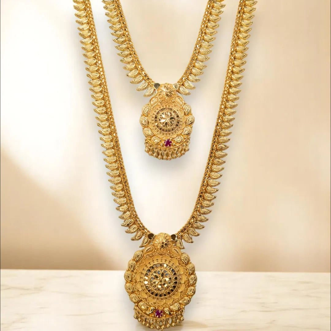 Gold-plated necklace long with earrings set - gold