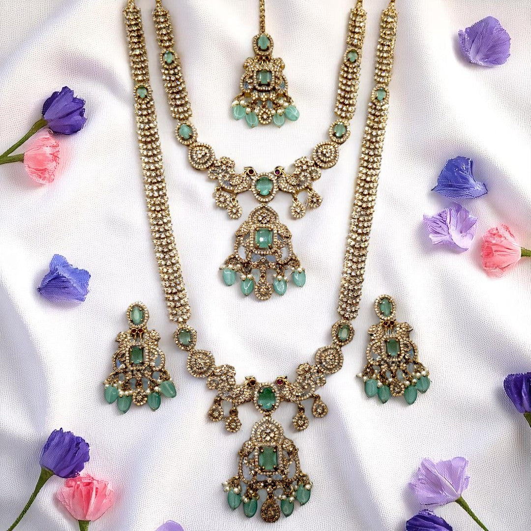 Victorian Halskette mit Lange Kette Ohrringe und Tikka - gold | mint - Combo set