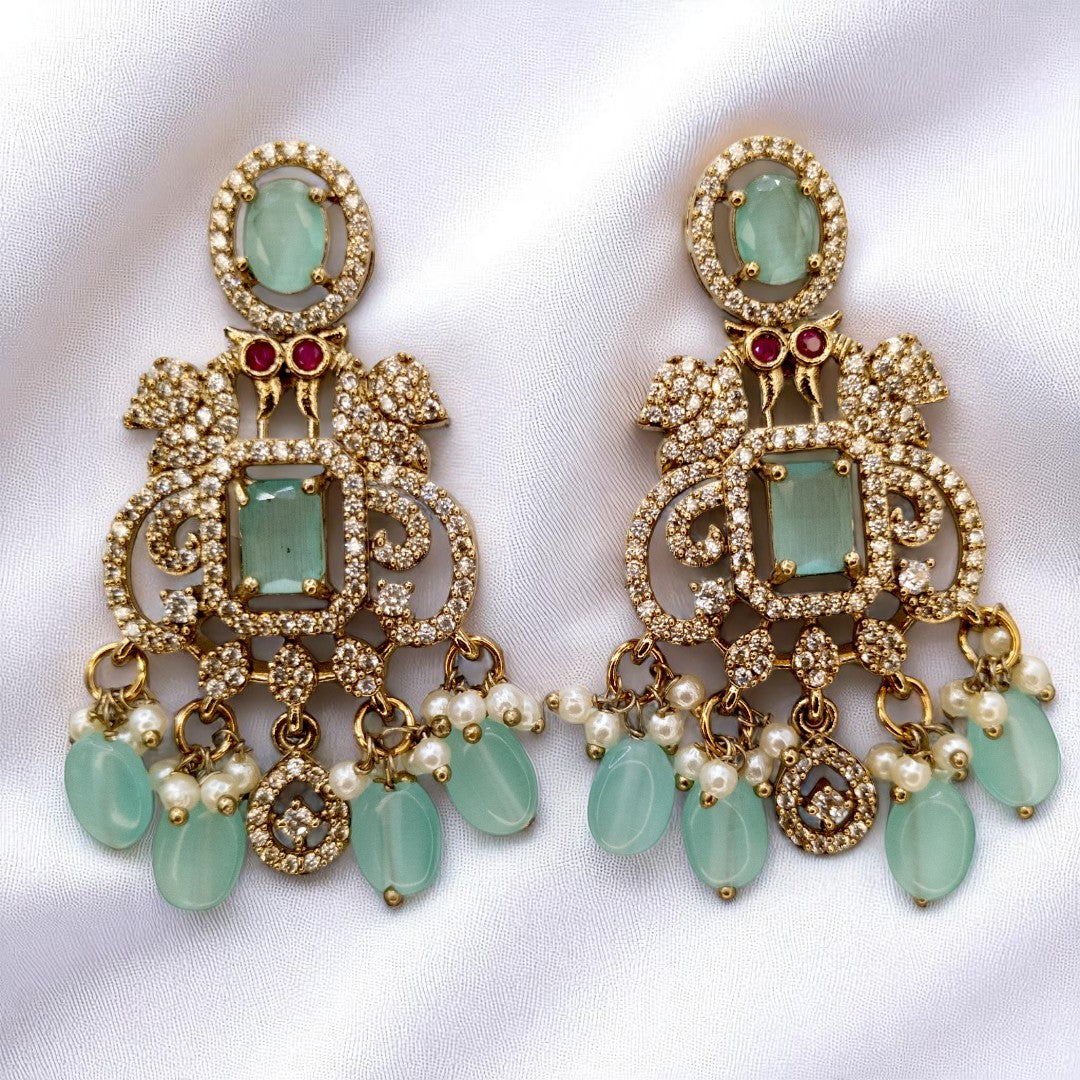 Victorian Halskette mit Lange Kette Ohrringe und Tikka - gold | mint - Combo set