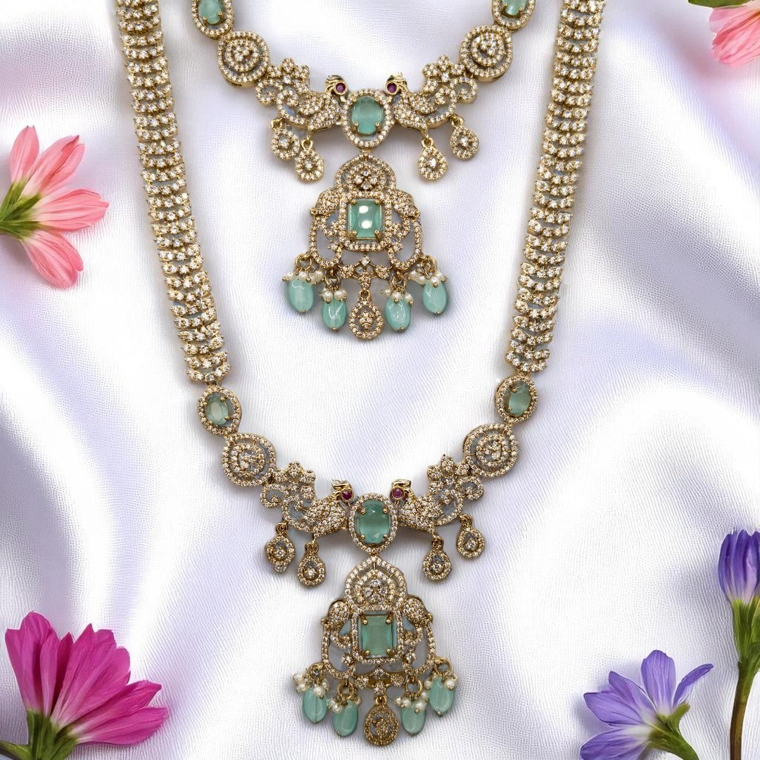 Victorian Halskette mit Lange Kette Ohrringe und Tikka - gold | mint - Combo set