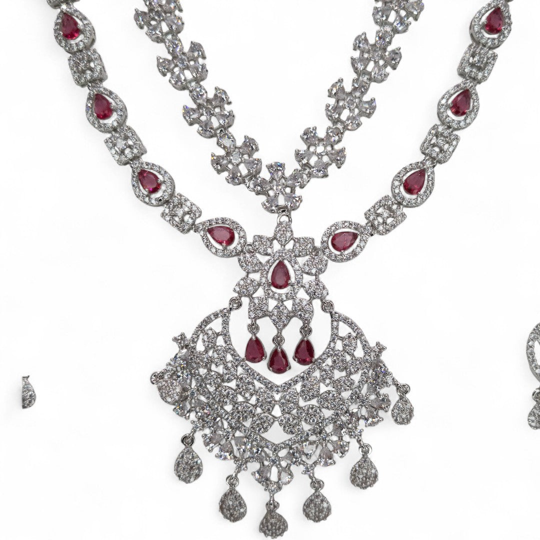 Victorian Halskette (Lange) mit Ohrringe - silber | magenta