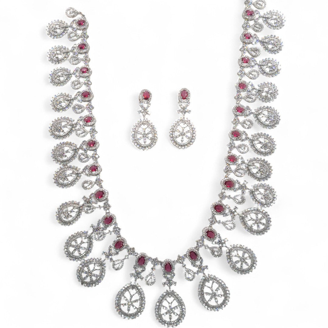 Victorian Halskette (Lange) mit Ohrringe - silber | weiß , Magenta