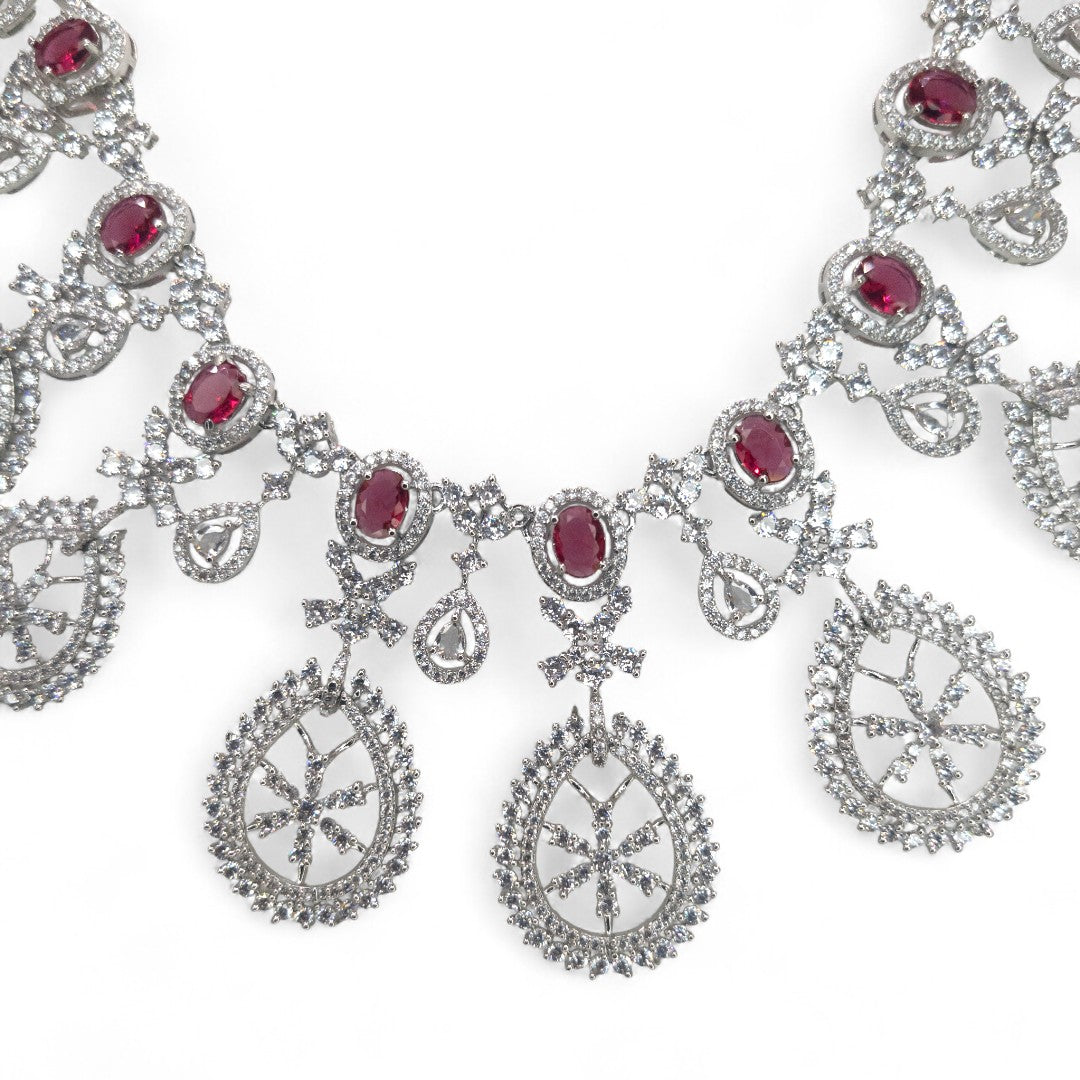 Victorian Halskette (Lange) mit Ohrringe - silber | weiß , Magenta