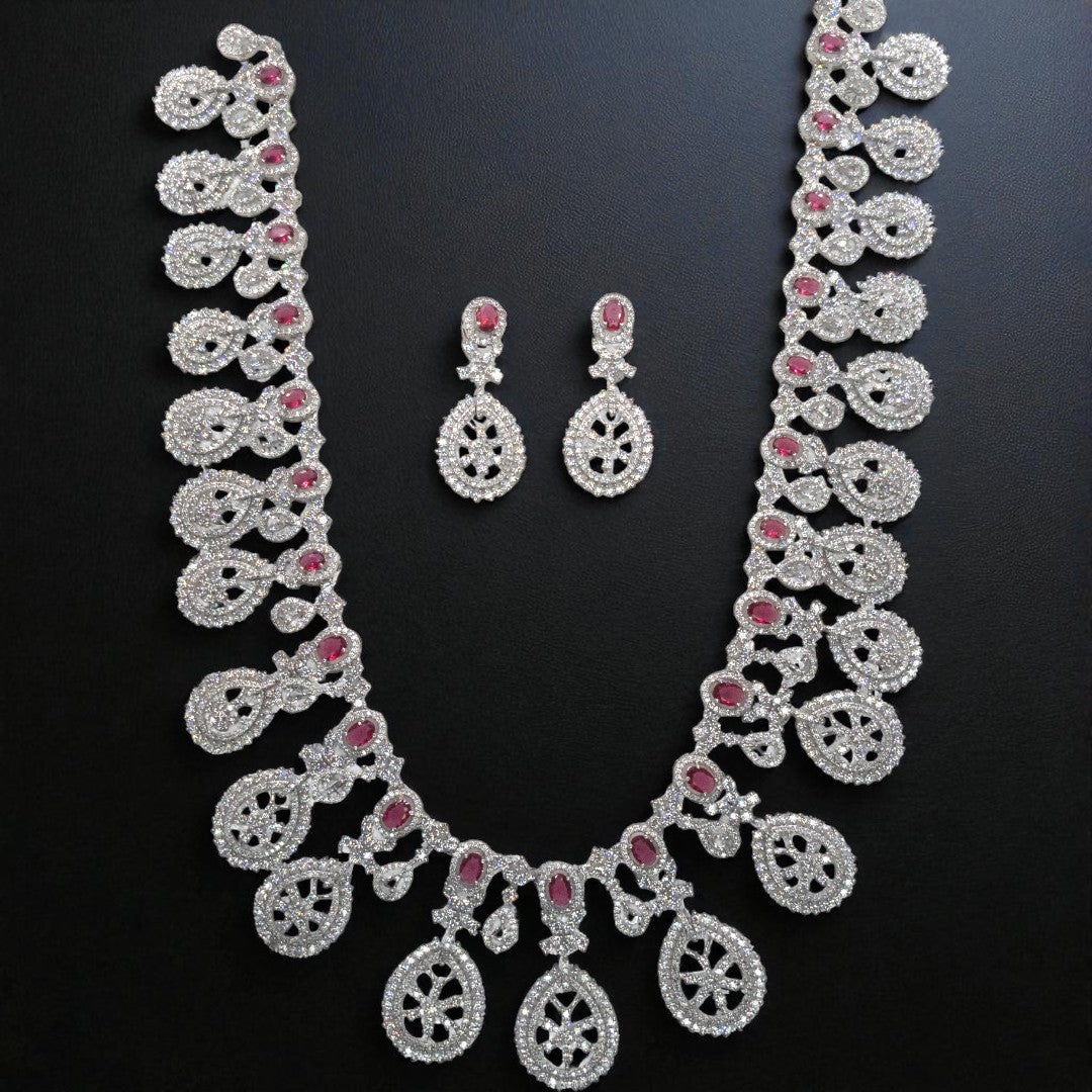 Victorian Halskette (Lange) mit Ohrringe - silber | weiß , Magenta