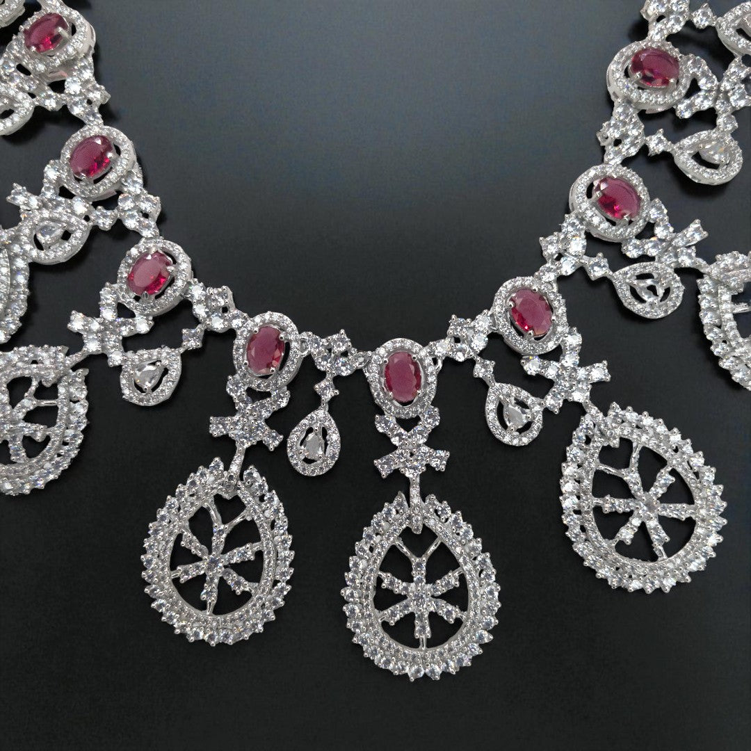 Victorian Halskette (Lange) mit Ohrringe - silber | weiß , Magenta