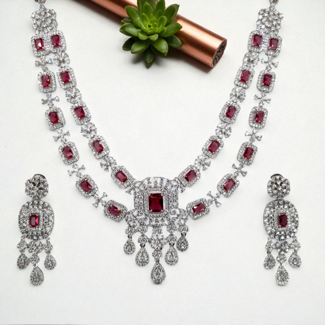 Victorian Layered Halskette mit passenden Ohrringen - silber | magenta