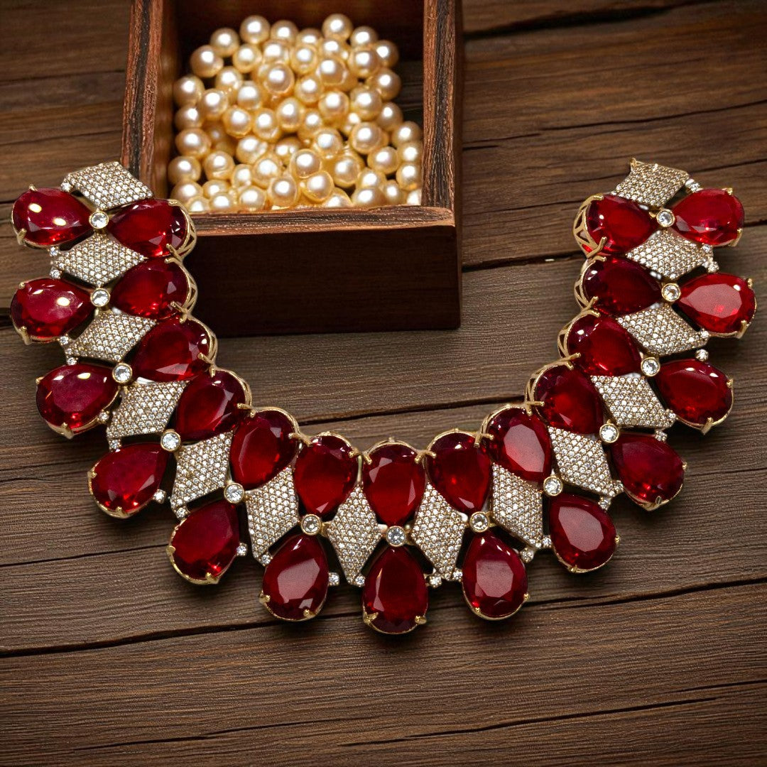 Victorian Halskette mit Ohrringe und tikka - gold | rot