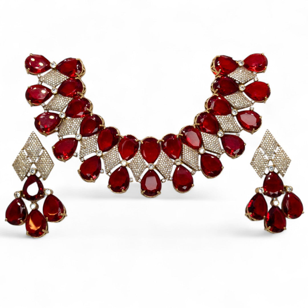 Victorian Halskette mit Ohrringe und tikka - gold | rot