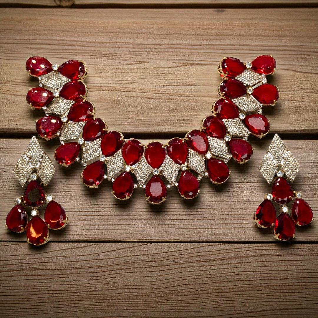 Victorian Halskette mit Ohrringe und tikka - gold | rot