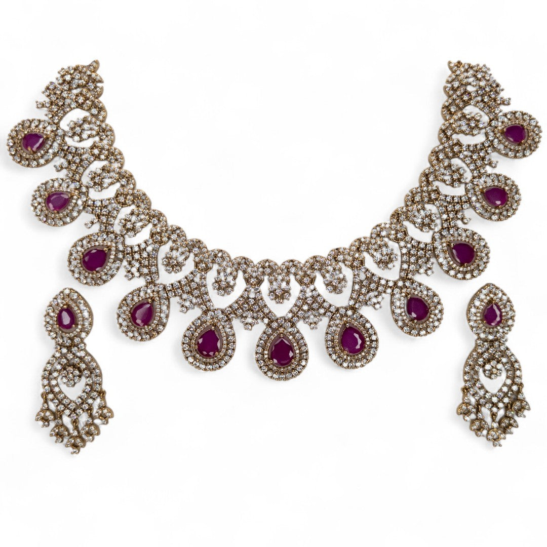 Victorian Halskette mit Ohrringe - gold | magenta