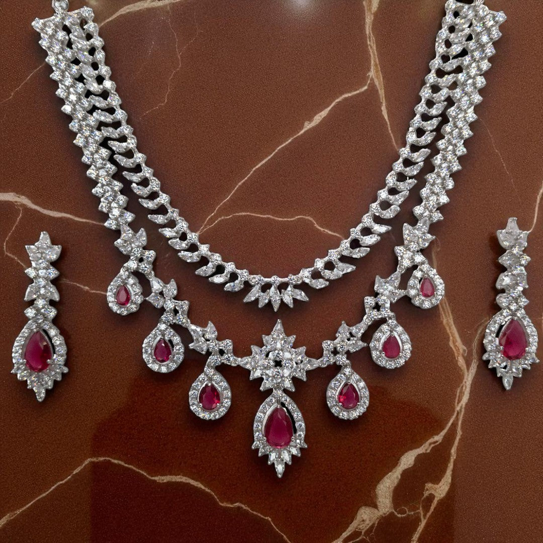 Victorian Layered Halskette mit passenden Ohrringen - silber | magenta