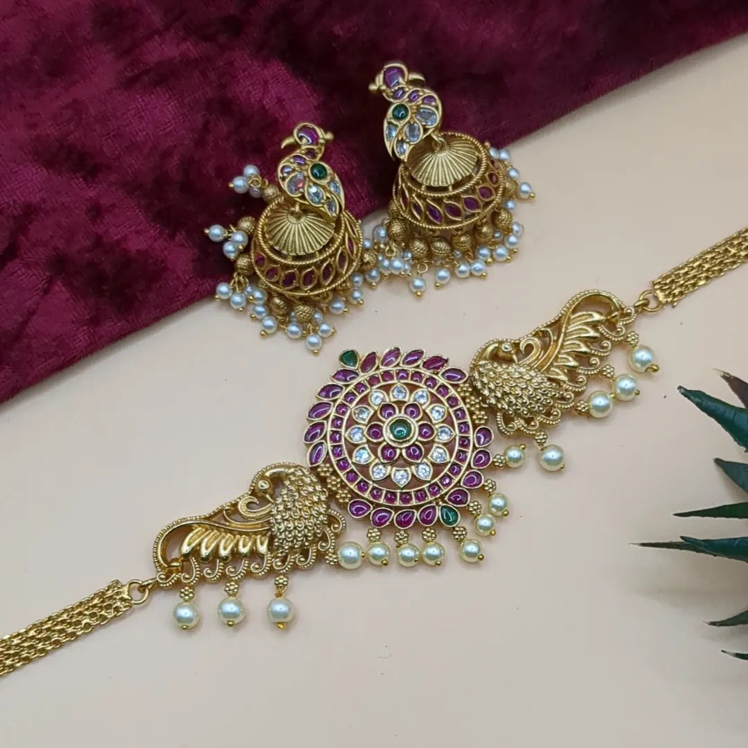 Trendy Choker Halskette mit Ohrringe - gold | Magenta grün