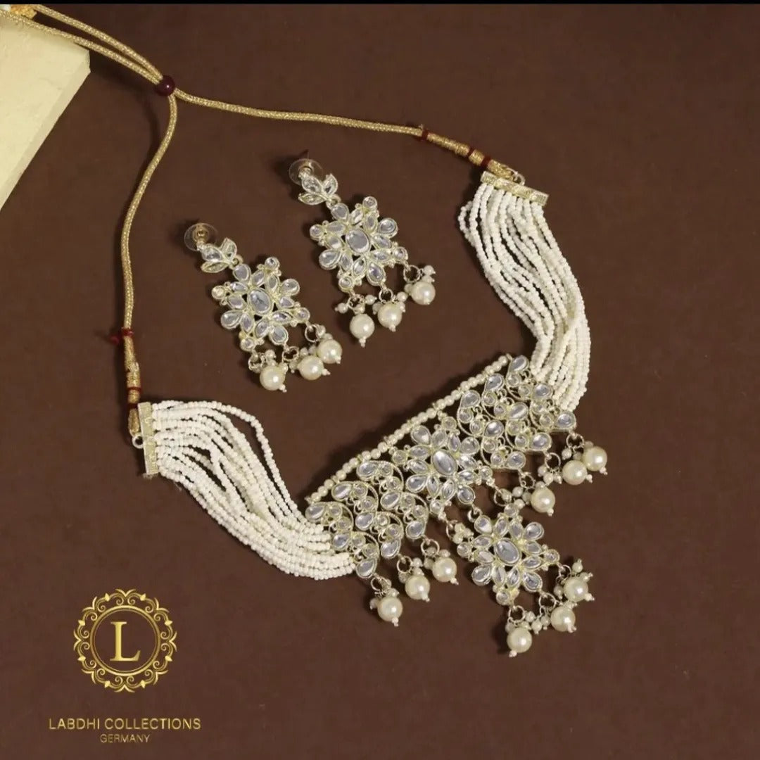 Kundan Choker Necklace with Earrings - white