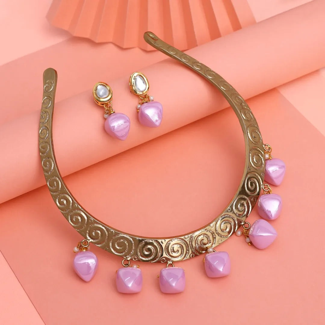 Kundan Hasli Halskette mit Ohrringe - gold | Rosa