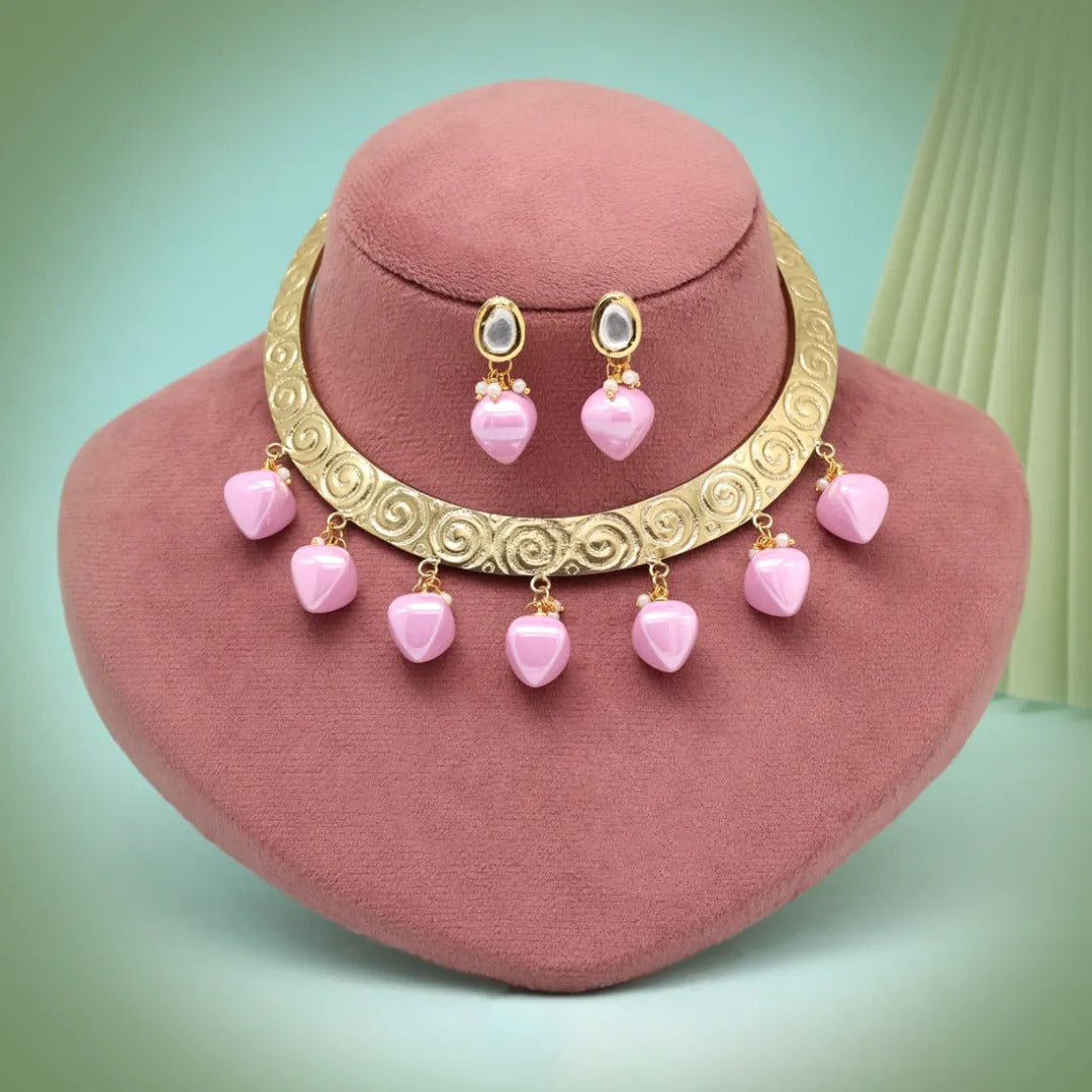 Kundan Hasli Halskette mit Ohrringe - gold | Rosa