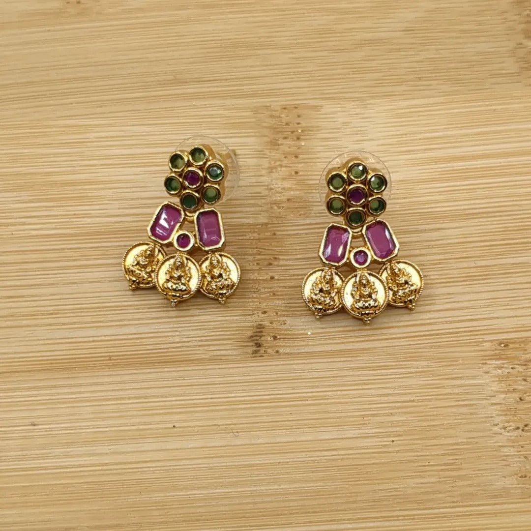 Trendy necklace with earrings - gold | magenta green