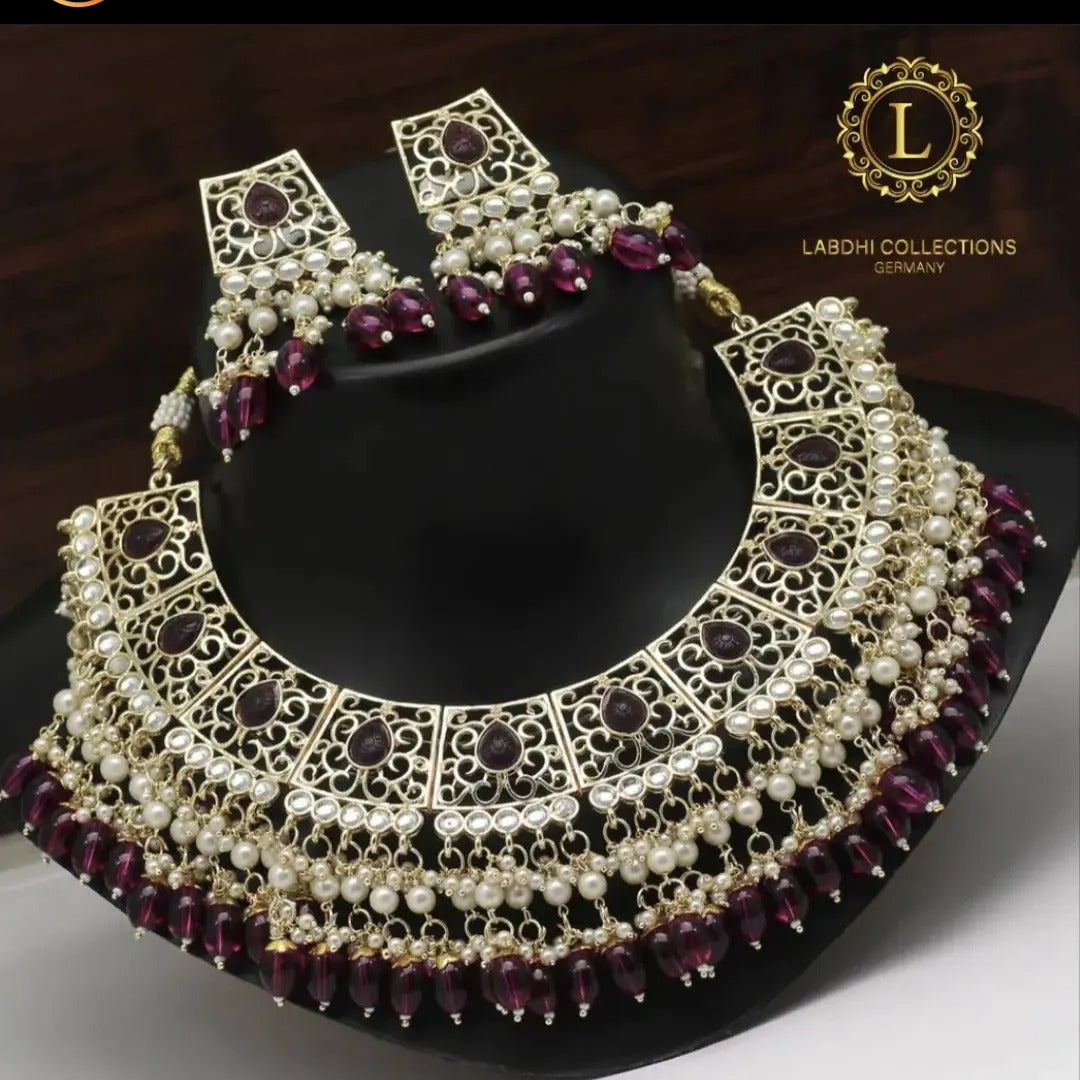 Kundan Halskette mit Ohrringe & Tikka - gold | lila
