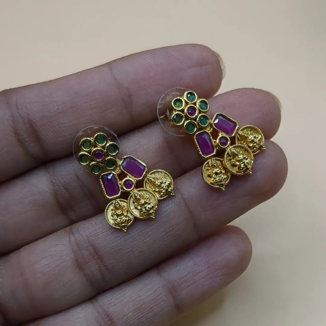 Trendy necklace with earrings - gold | magenta green