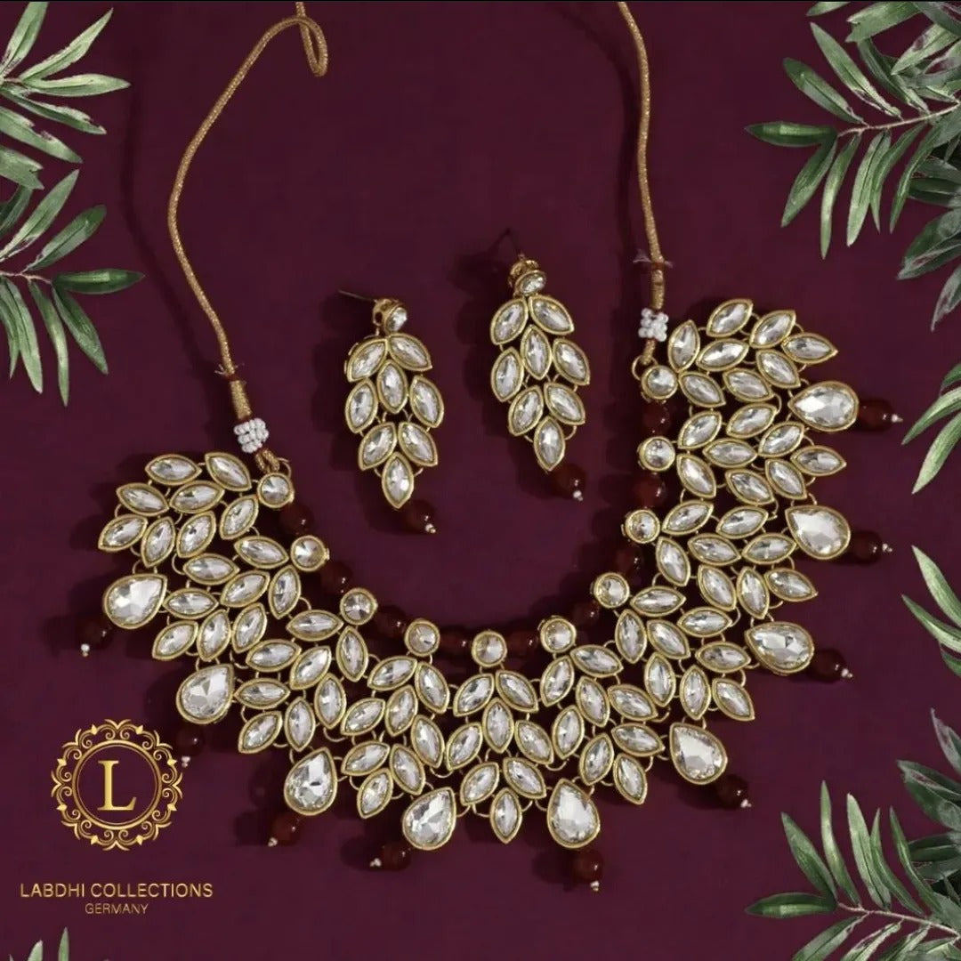 Kundan Halskette mit Ohrringe  - gold | rot