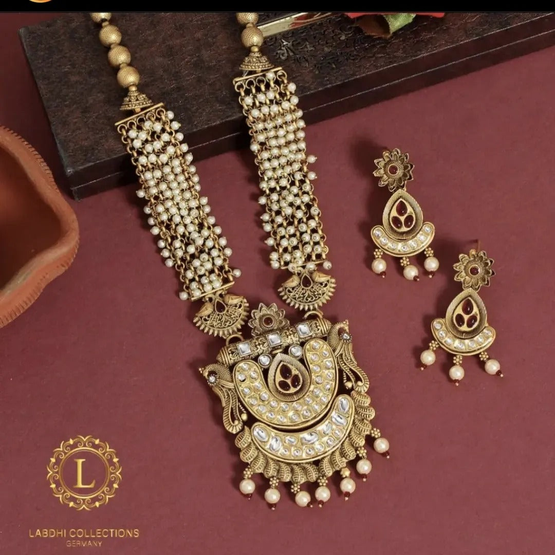 Tempel Halskette lang mit Ohrringe Set - matt gold | Perlen - Lange