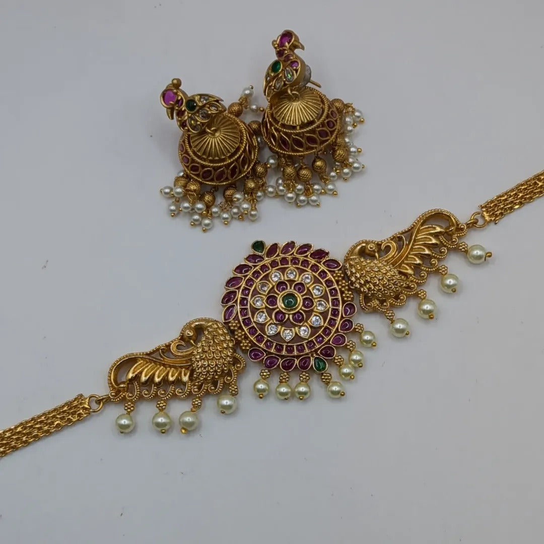Trendy choker necklace with earrings - gold | magenta green
