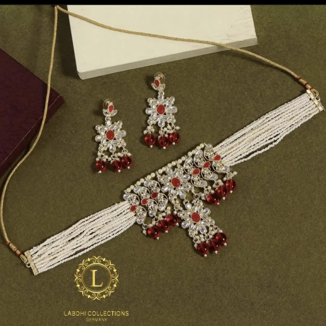 Kundan Choker Halskette mit Ohrringe - weiß | rot