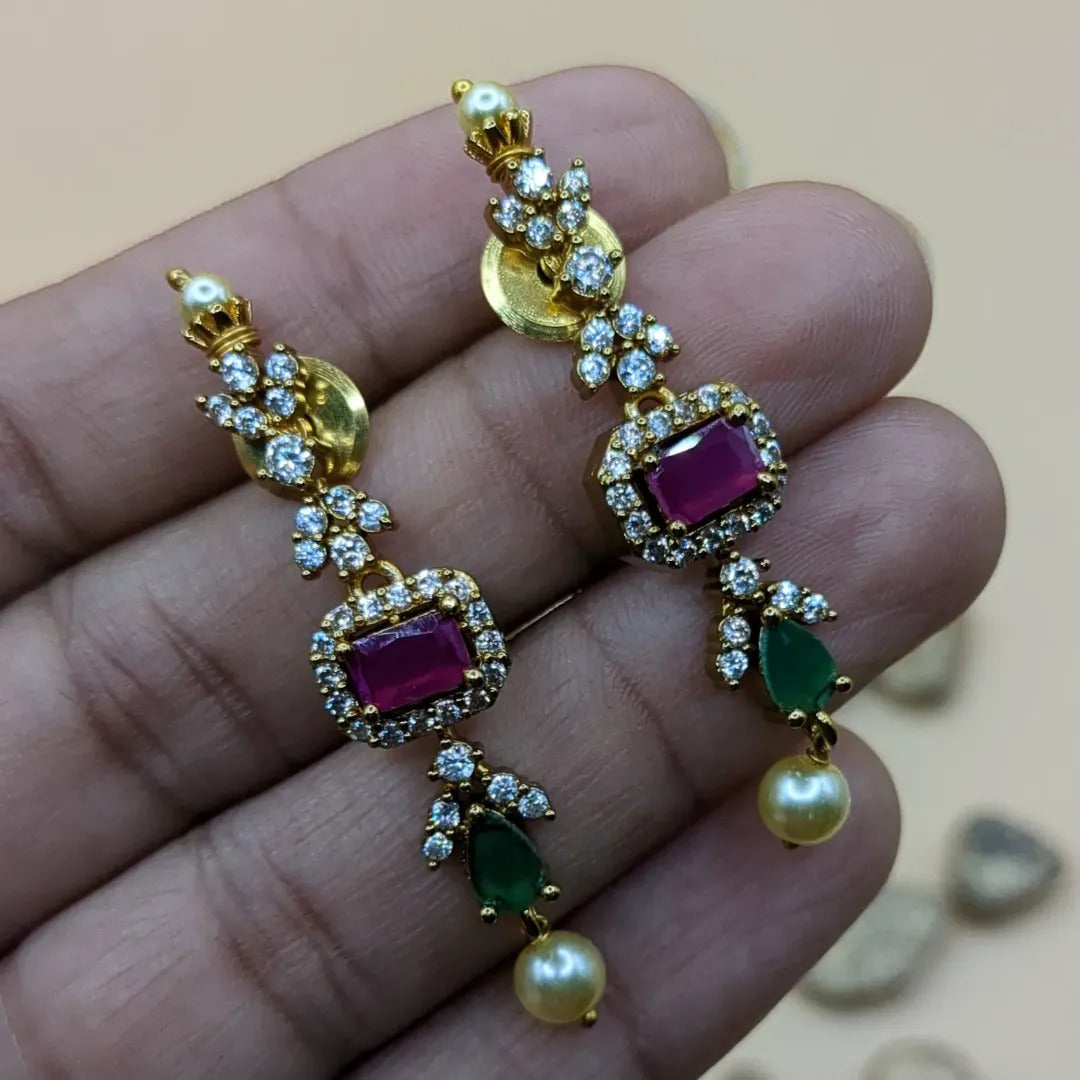 Trendy necklace with earrings - gold | green magenta