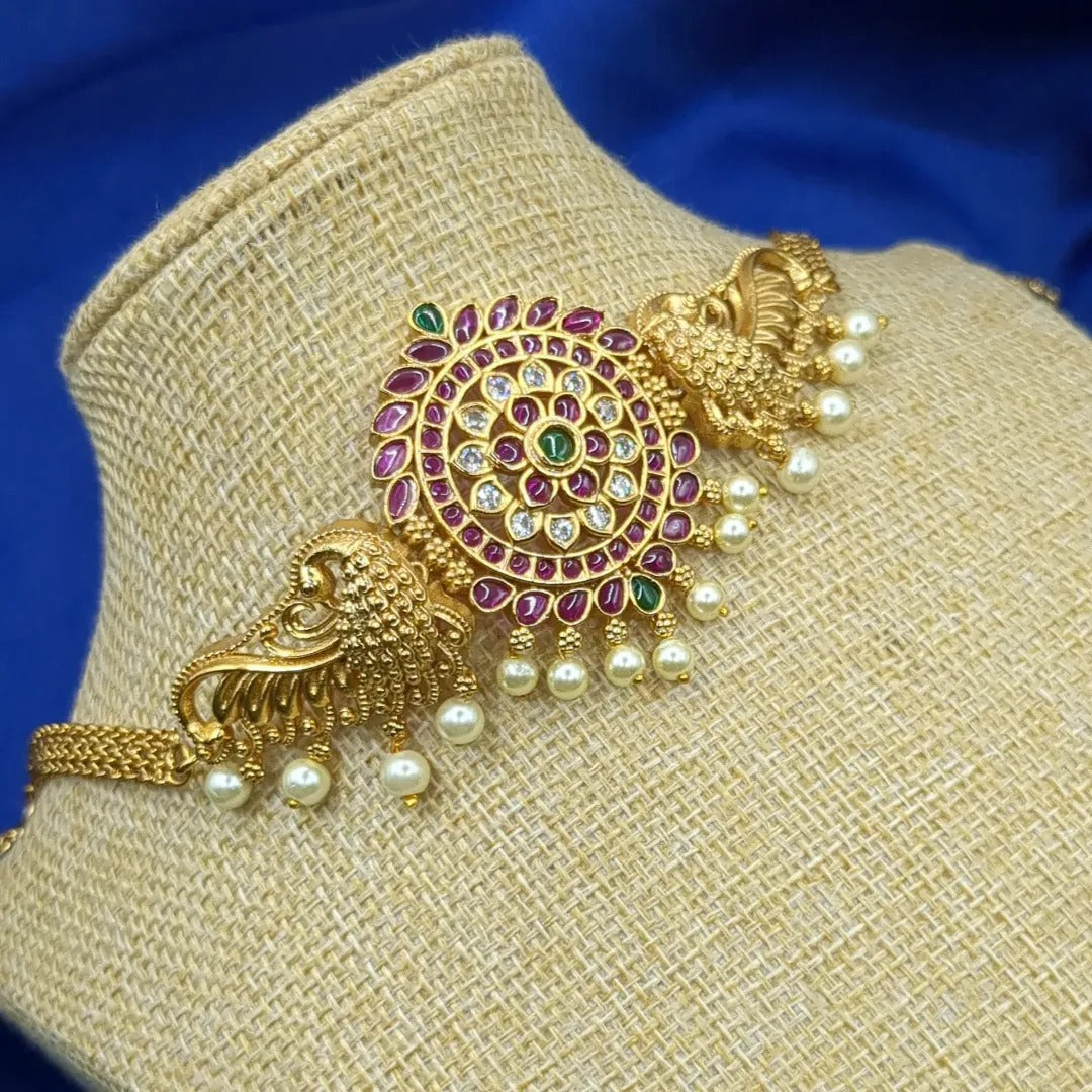 Trendy choker necklace with earrings - gold | magenta green