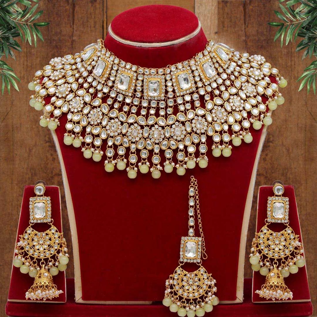 Kundan Halskette mit Ohrringe & Tikka - gold | gelb