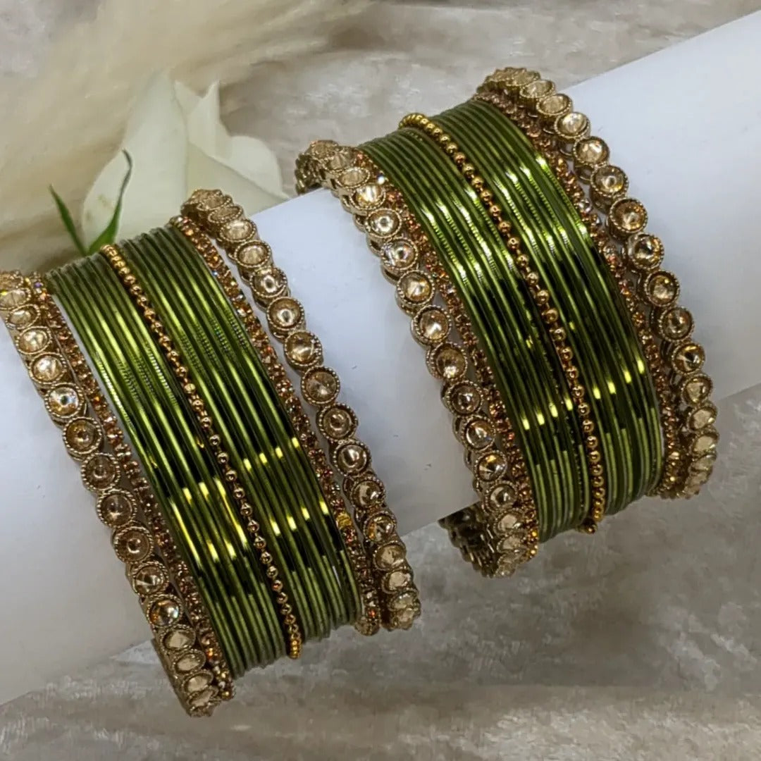 Bangles Set - Olive green | Gold | Size 2.8