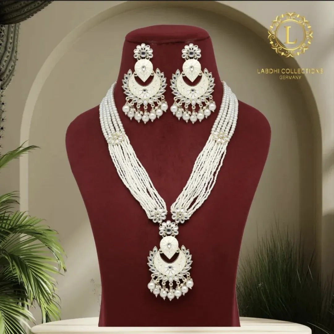 Kundan Kette lang mit Ohrringe - Weiß| Perlen - Lange