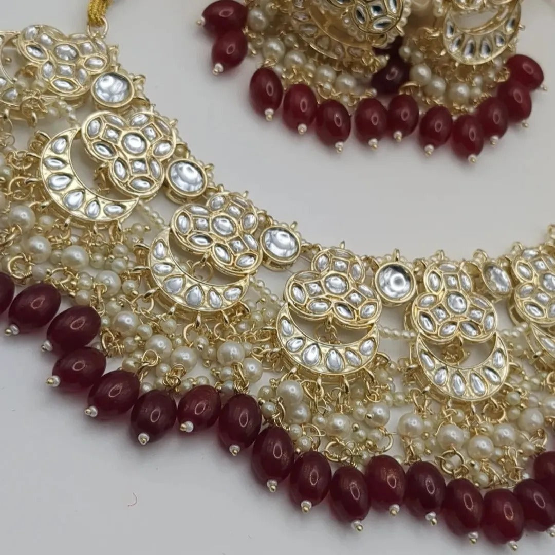 Kundan Necklace with Earrings &amp; Tikka - gold | red