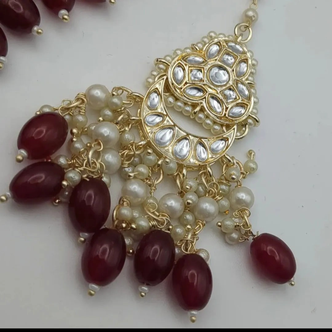 Kundan Necklace with Earrings &amp; Tikka - gold | red