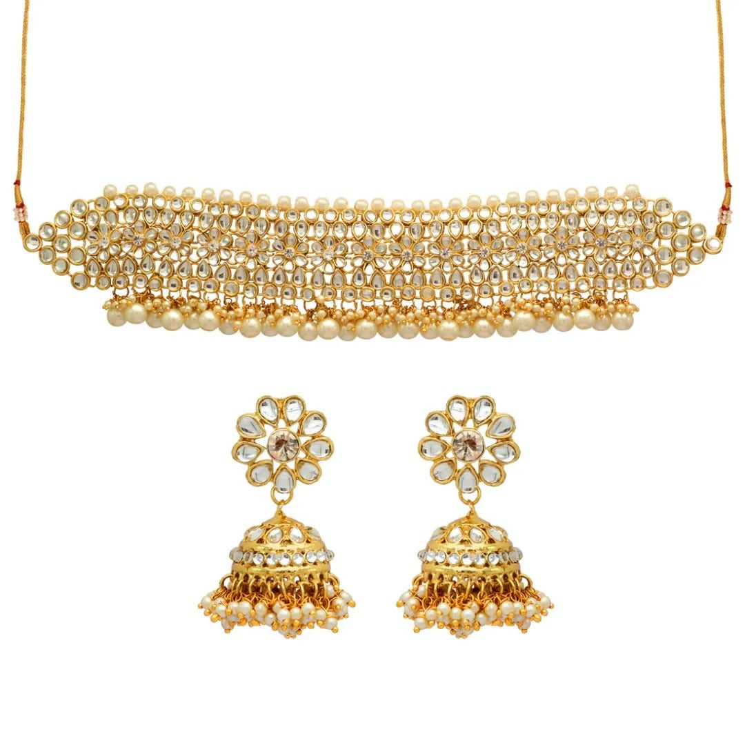 Kundan Choker Necklace with Earrings - gold | white