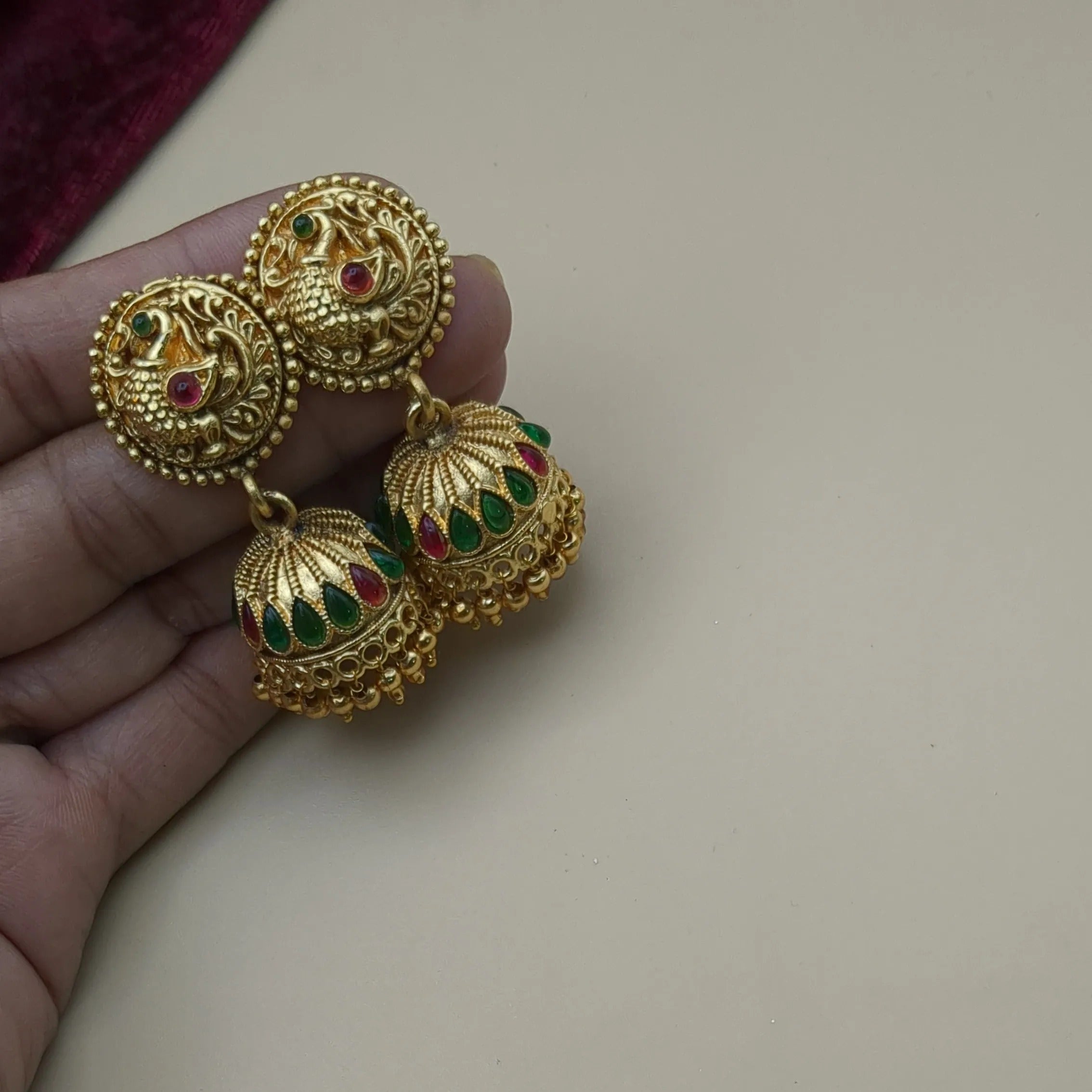 Temple Bridal Necklace, Haram &amp; Earrings - gold | green|Combo Set
