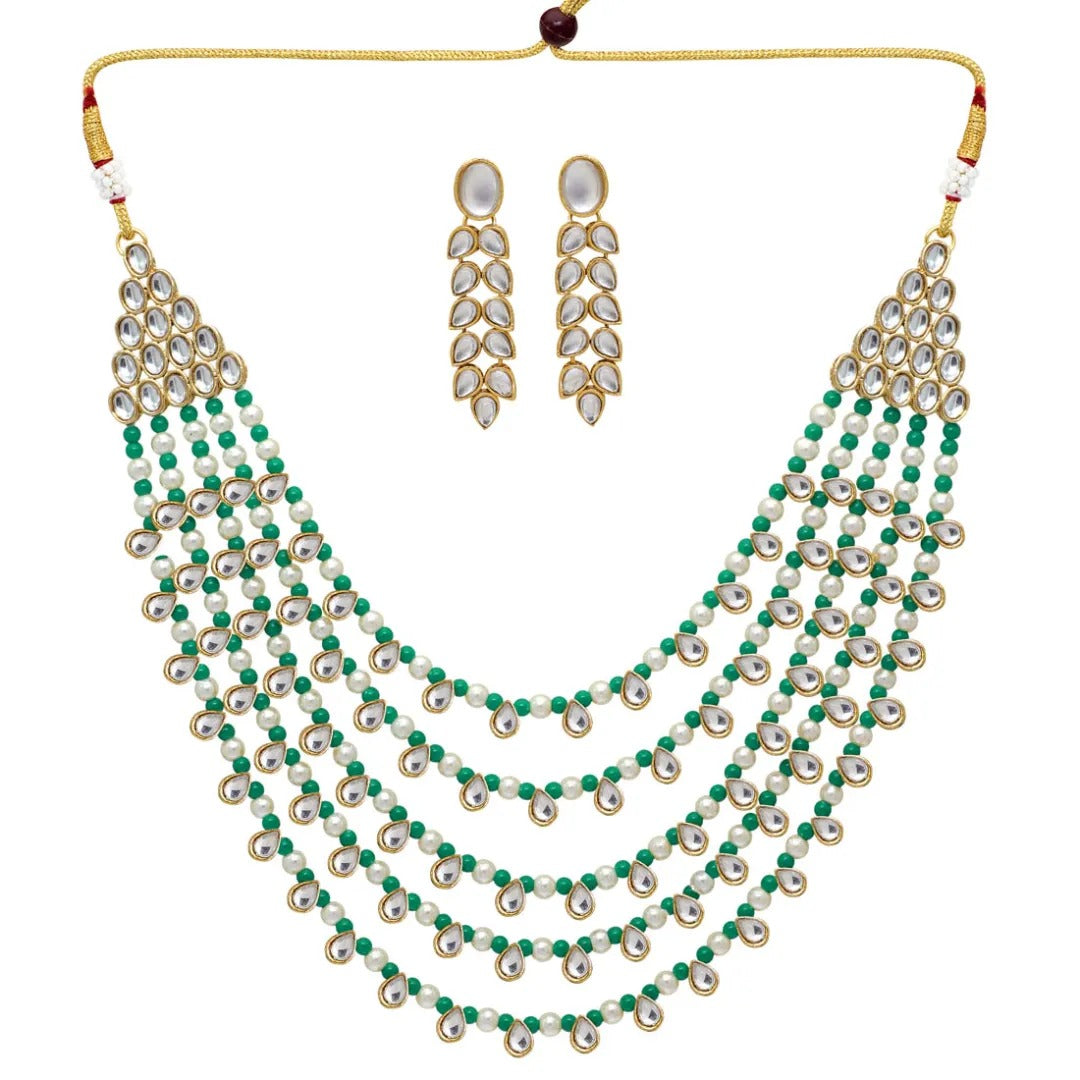 Kundan Langekette mit Ohrringe - gold | grün | Perlen - Lange