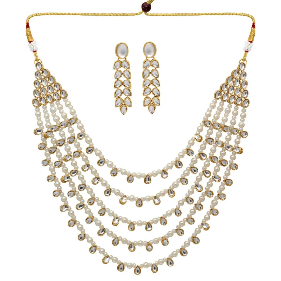Kundan Lange kette mit Ohrringe - gold | Weiß | Perlen - Lange