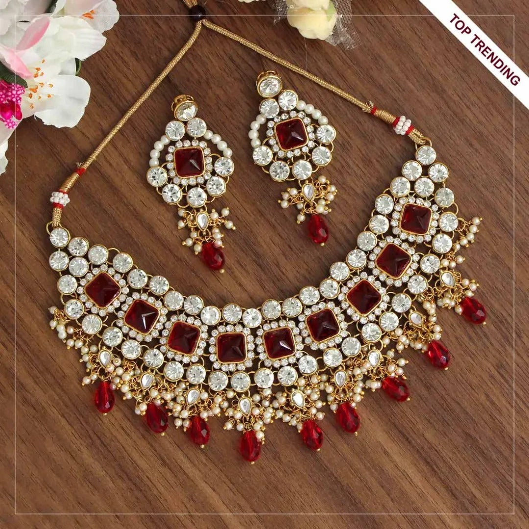 Kundan Choker Halskette mit Ohrringe - gold | rot