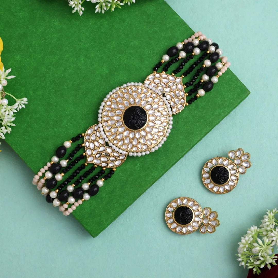 Kundan Choker Halskette mit Ohrringe  - Schwarz
