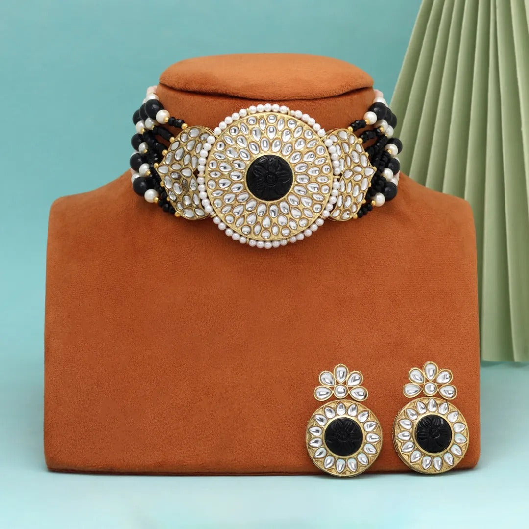 Kundan Choker Halskette mit Ohrringe  - Schwarz