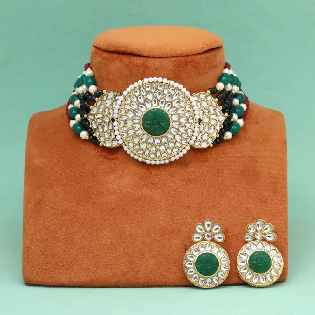 Kundan Choker Halskette mit Ohrringe - grün