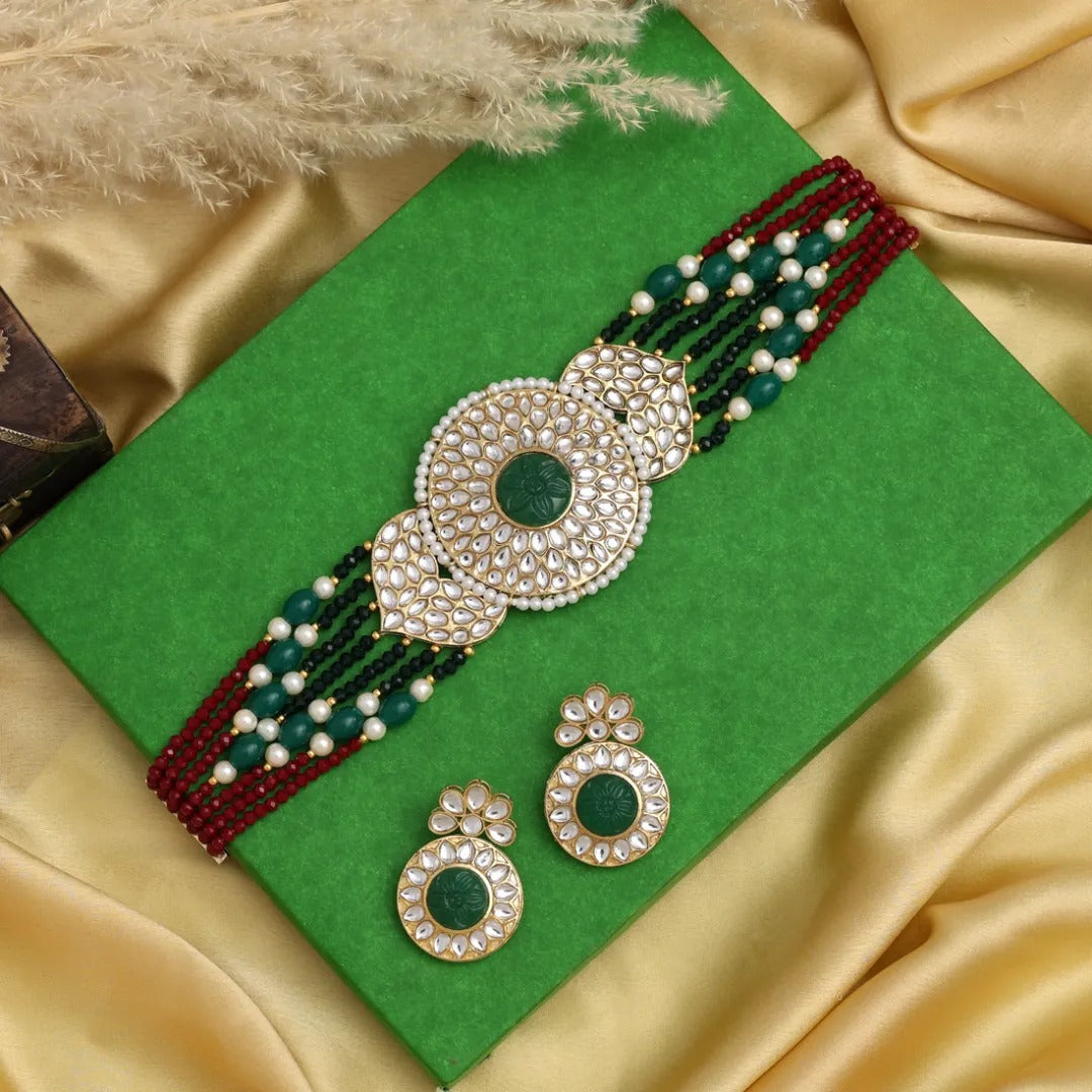 Kundan Choker Halskette mit Ohrringe - grün