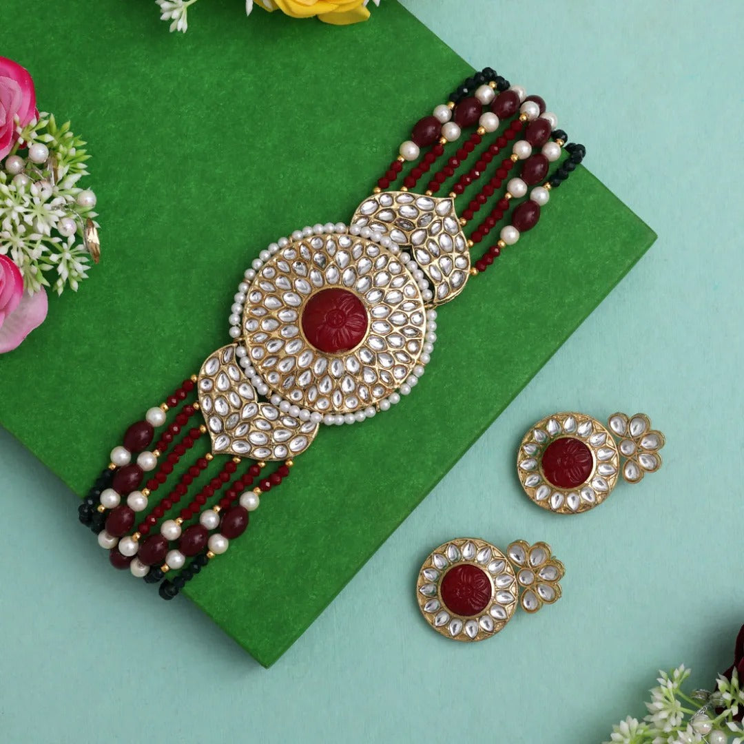 Kundan  Choker Halskette mit Ohrringe - Maroon
