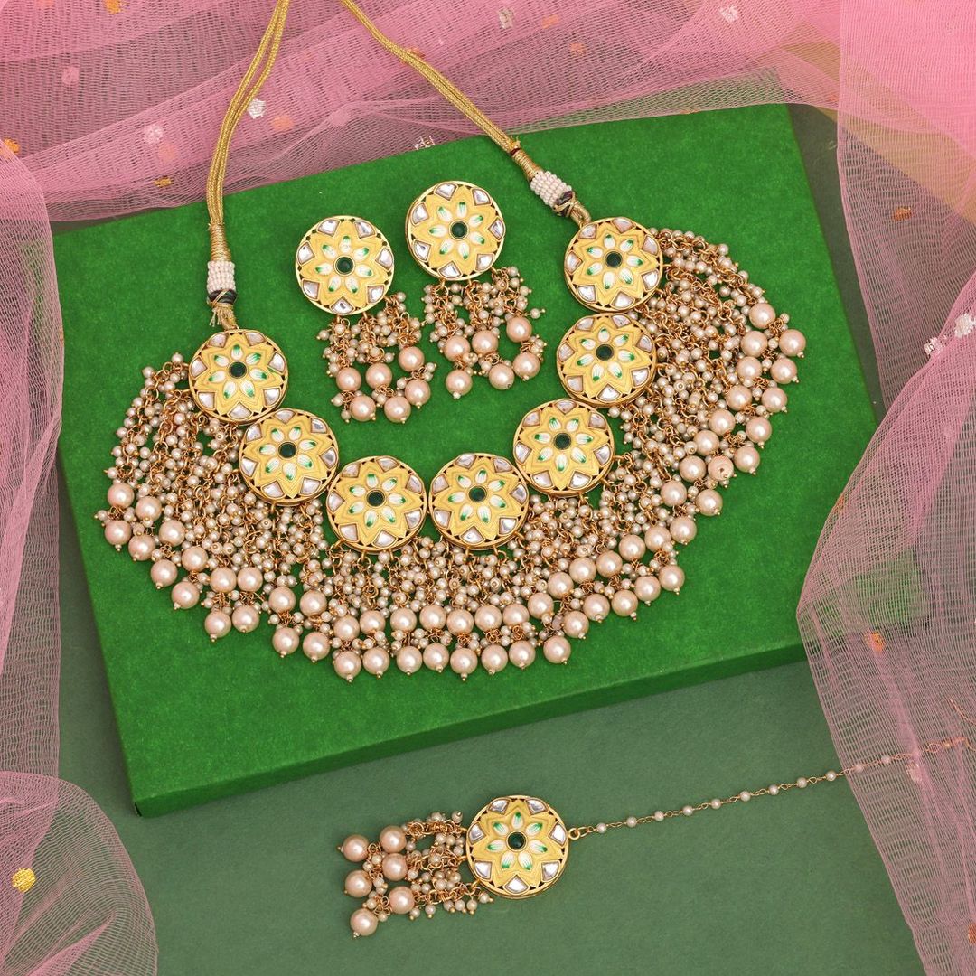 Kundan Meenakari Necklace with Earrings &amp; Tikka - gold | yellow