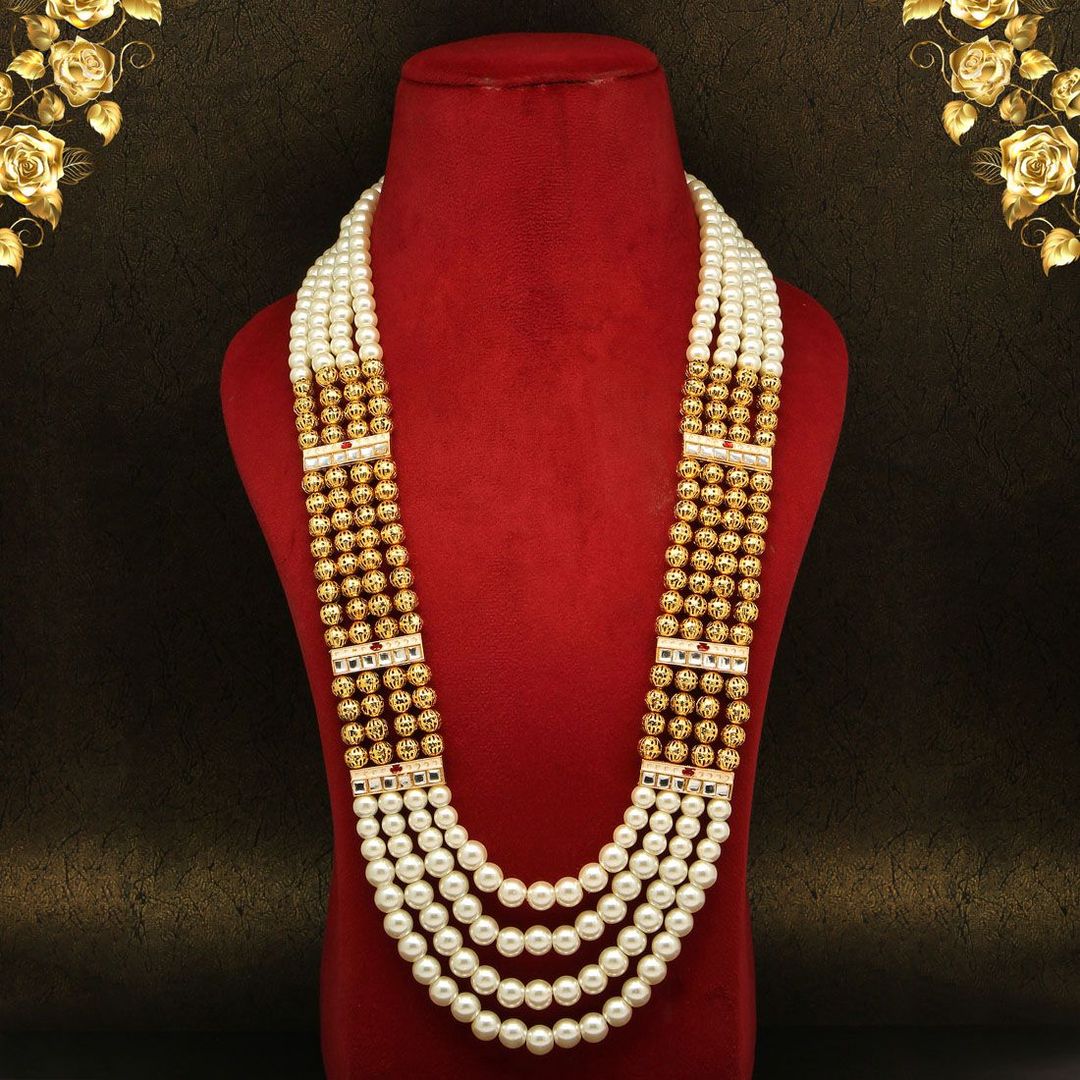 Kundan Halskette lang - gold | weiß | Perlen - Lange